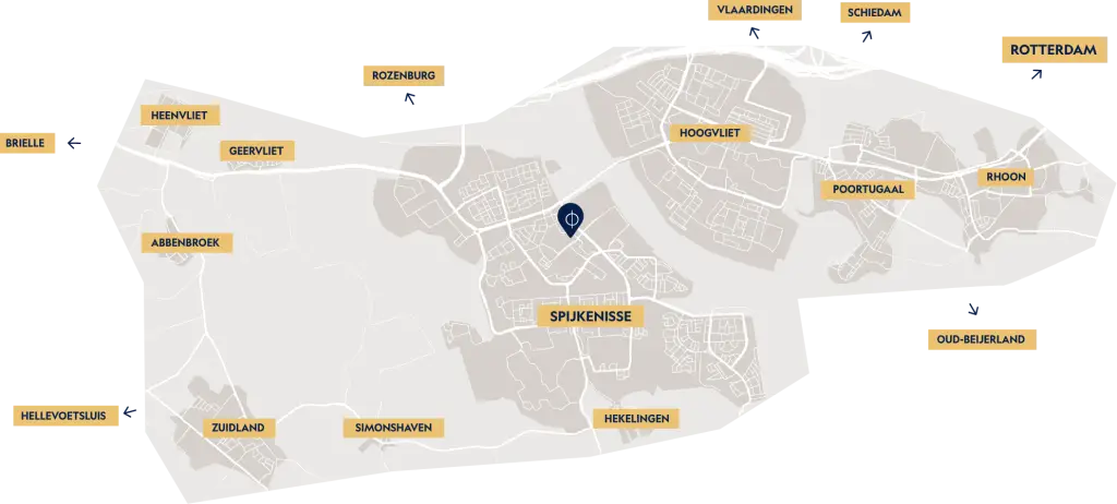 Kaart van het werkgebied van Kompas Makelaars rond Spijkenisse